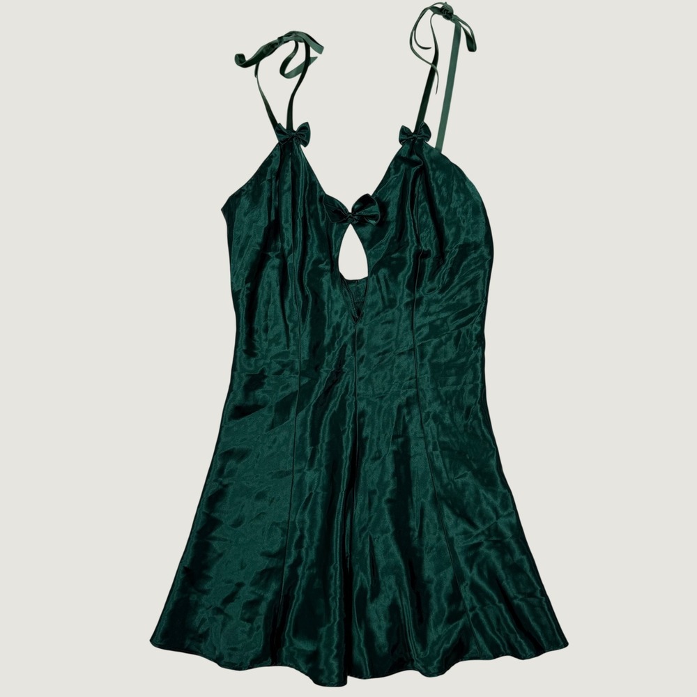 Vtg Fredericks of Hollywood Green Satin Keyhole Chemise slip Dress Bow Small